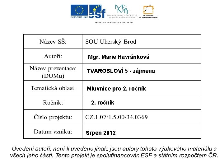 Mgr. Marie Havránková TVAROSLOVÍ 5 - zájmena Mluvnice pro 2. ročník Srpen 2012 