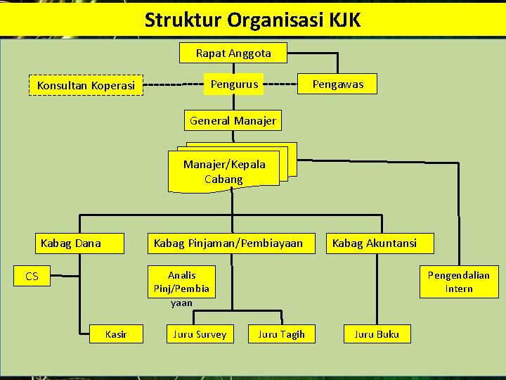 Struktur Organisasi KJK Rapat Anggota Pengawas Pengurus Konsultan Koperasi General Manajer/Kepala Cabang Kabag Dana