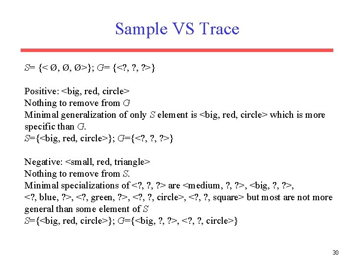 Sample VS Trace S= {< Ø, Ø, Ø>}; G= {<? , ? >} Positive: