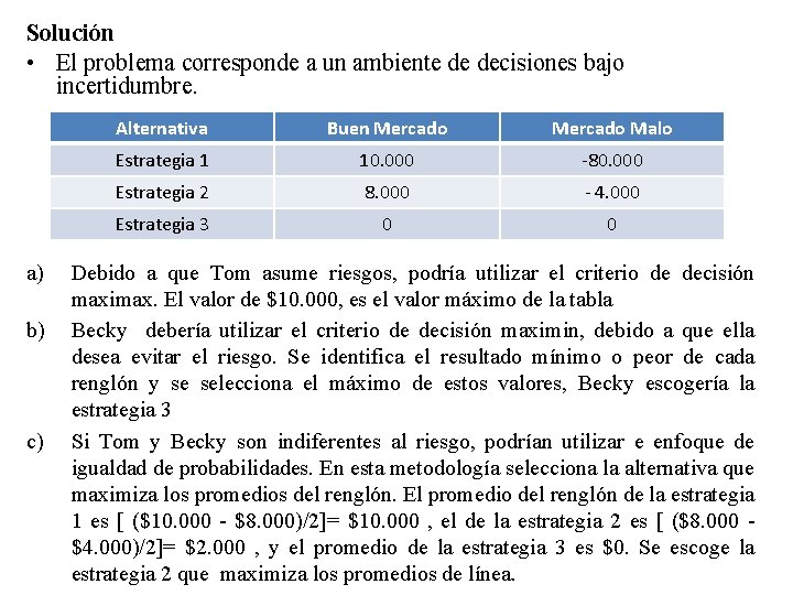 Solución • El problema corresponde a un ambiente de decisiones bajo incertidumbre. a) b)