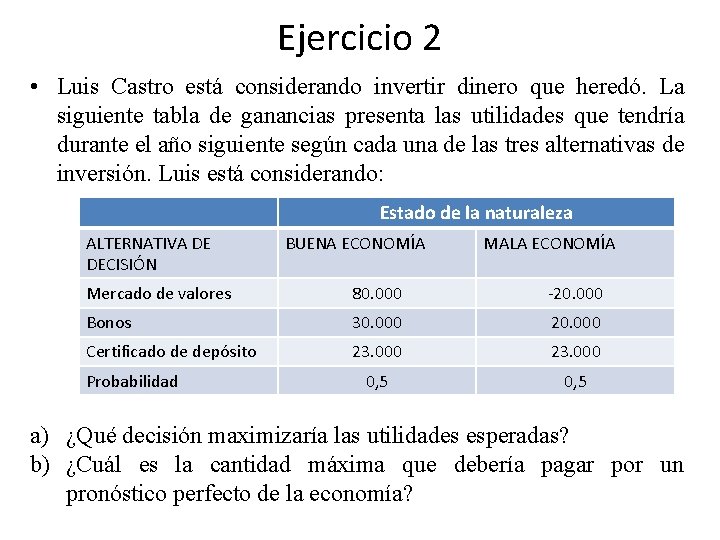 Ejercicio 2 • Luis Castro está considerando invertir dinero que heredó. La siguiente tabla