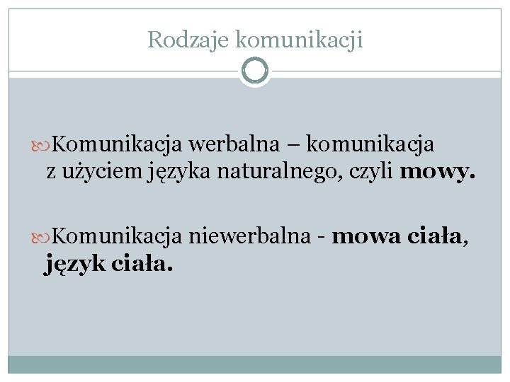 Rodzaje komunikacji Komunikacja werbalna – komunikacja z użyciem języka naturalnego, czyli mowy. Komunikacja niewerbalna