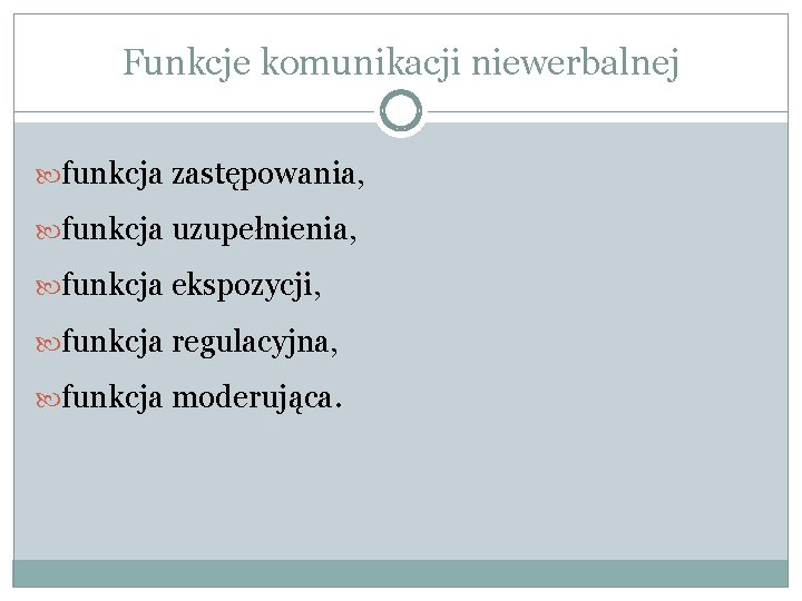 Funkcje komunikacji niewerbalnej funkcja zastępowania, funkcja uzupełnienia, funkcja ekspozycji, funkcja regulacyjna, funkcja moderująca. 