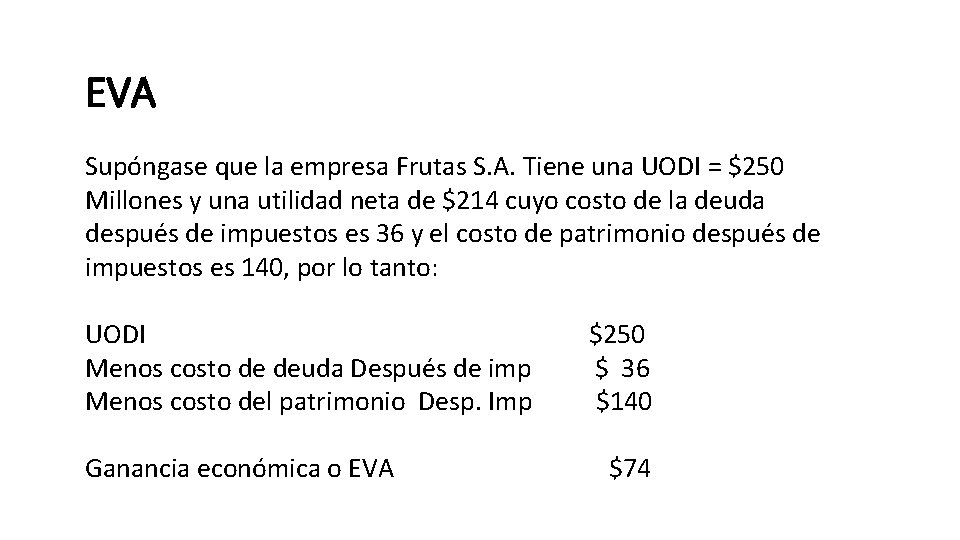 EVA Supóngase que la empresa Frutas S. A. Tiene una UODI = $250 Millones