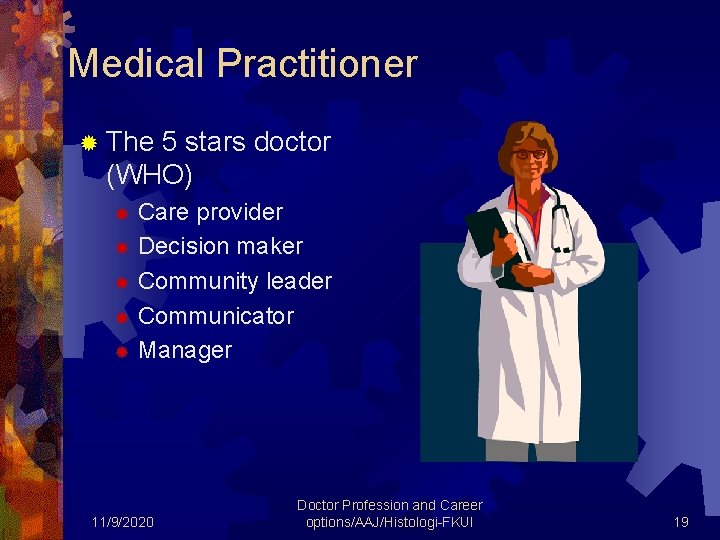 Medical Practitioner ® The 5 stars doctor (WHO) Care provider ® Decision maker ®