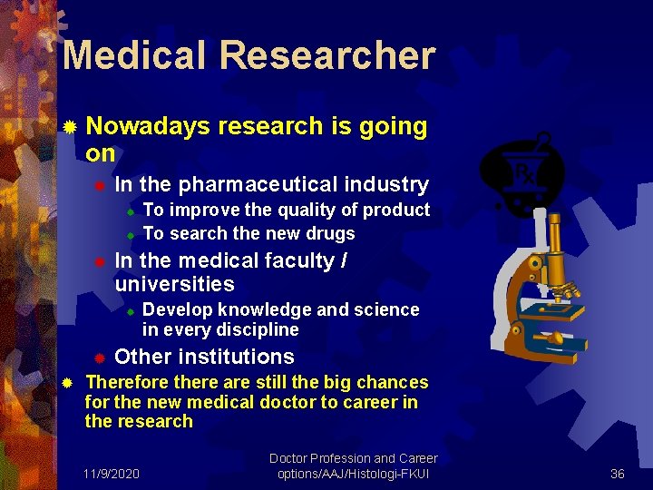 Medical Researcher ® Nowadays on ® In the pharmaceutical industry ® ® To improve