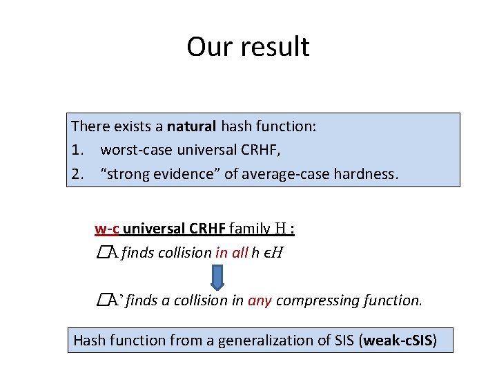 Our result There exists a natural hash function: 1. worst-case universal CRHF, 2. “strong