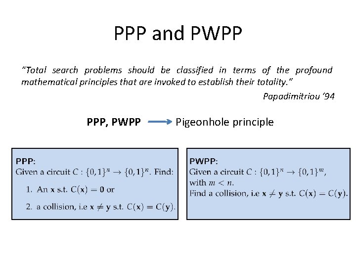 PPP and PWPP “Total search problems should be classified in terms of the profound