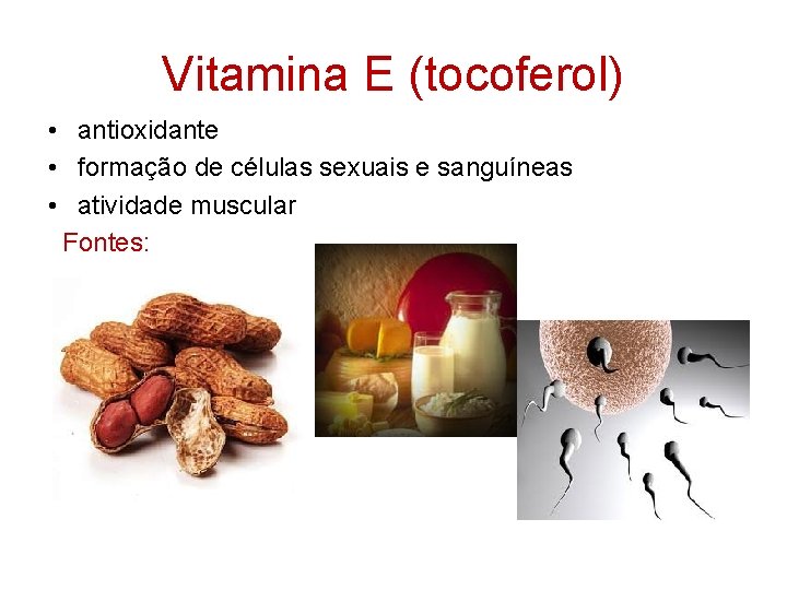 Vitamina E (tocoferol) • antioxidante • formação de células sexuais e sanguíneas • atividade