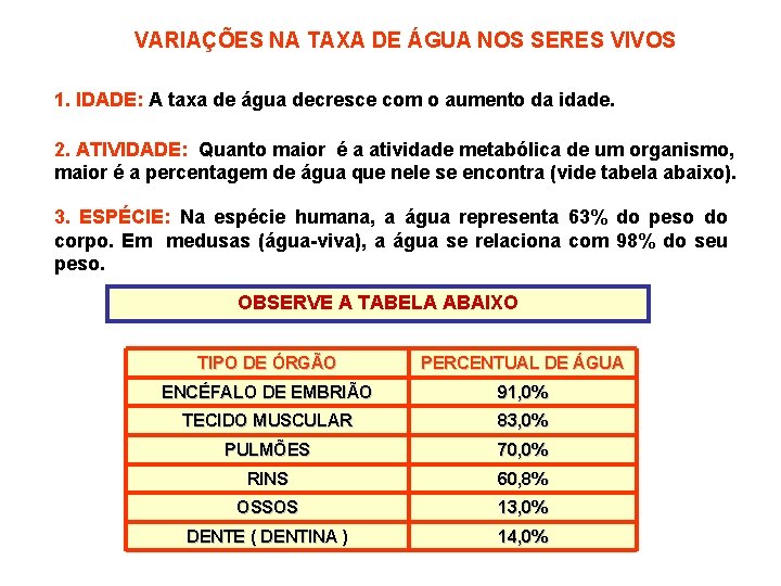 VARIAÇÕES NA TAXA DE ÁGUA NOS SERES VIVOS 1. IDADE: A taxa de água