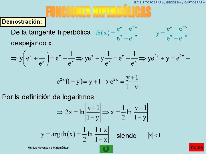 E. T. S. I. TOPOGRAFÍA, GEODESIA y CARTOGRAFÍA Demostración: De la tangente hiperbólica despejando E. T. S. I. TOPOGRAFÍA, GEODESIA y CARTOGRAFÍA Demostración: De la tangente hiperbólica despejando
