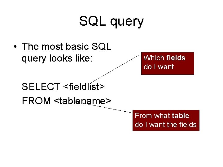 SQL query • The most basic SQL query looks like: Which fields do I