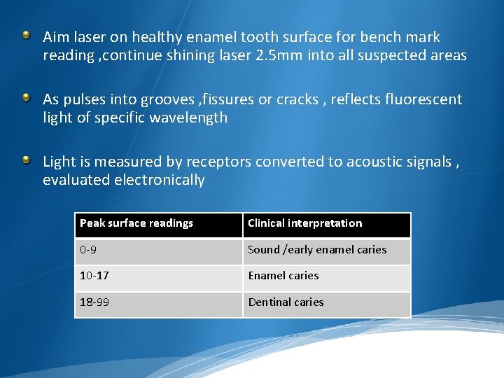 Aim laser on healthy enamel tooth surface for bench mark reading , continue shining