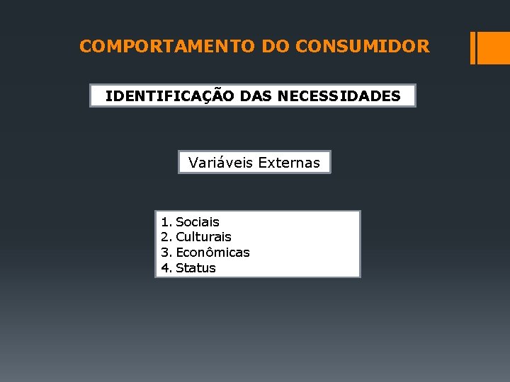 COMPORTAMENTO DO CONSUMIDOR IDENTIFICAÇÃO DAS NECESSIDADES Variáveis Externas 1. Sociais 2. Culturais 3. Econômicas