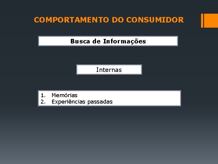 COMPORTAMENTO DO CONSUMIDOR Busca de Informações Internas 1. Memórias 2. Experiências passadas 