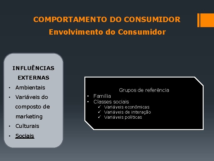 COMPORTAMENTO DO CONSUMIDOR Envolvimento do Consumidor INFLUÊNCIAS EXTERNAS • Ambientais • Variáveis do composto