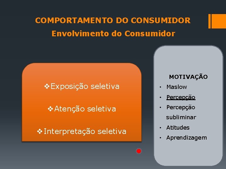 COMPORTAMENTO DO CONSUMIDOR Envolvimento do Consumidor MOTIVAÇÃO v. Exposição seletiva • Maslow • Percepção