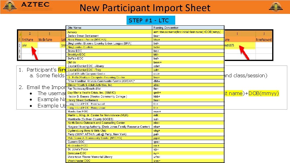 New Participant Import Sheet STEP #1 - LTC 1. Participant’s first name, last name,