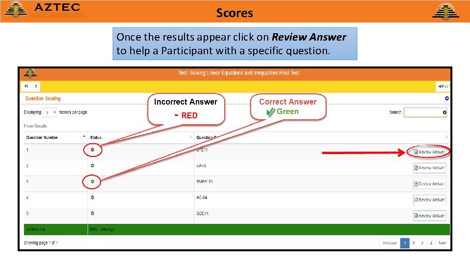 Scores Once the results appear click on Review Answer to help a Participant with