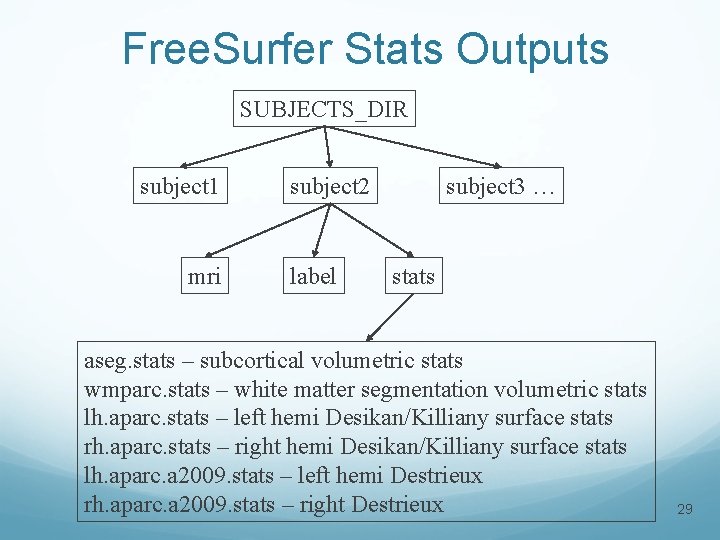 Free. Surfer Stats Outputs SUBJECTS_DIR subject 1 mri subject 2 label subject 3 …