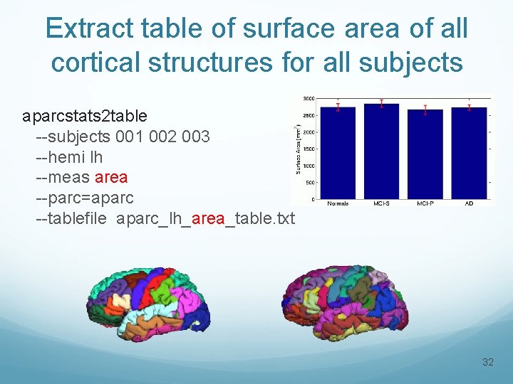 Extract table of surface area of all cortical structures for all subjects aparcstats 2