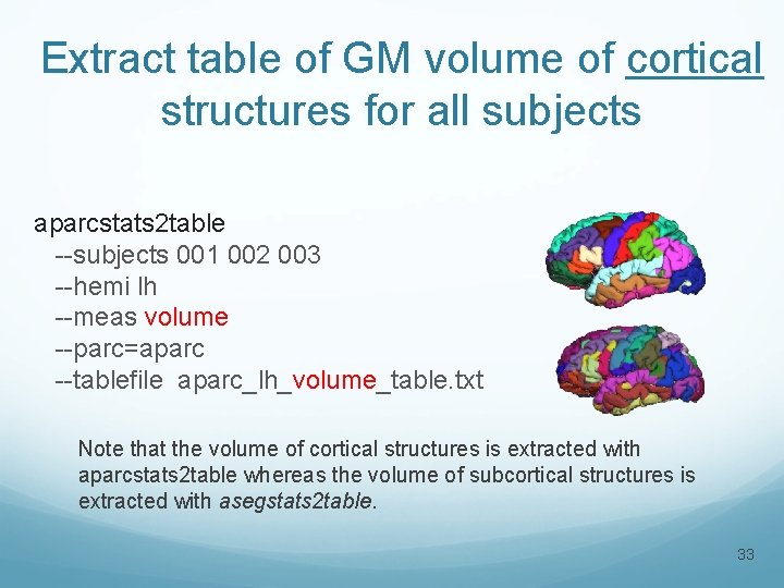 Extract table of GM volume of cortical structures for all subjects aparcstats 2 table