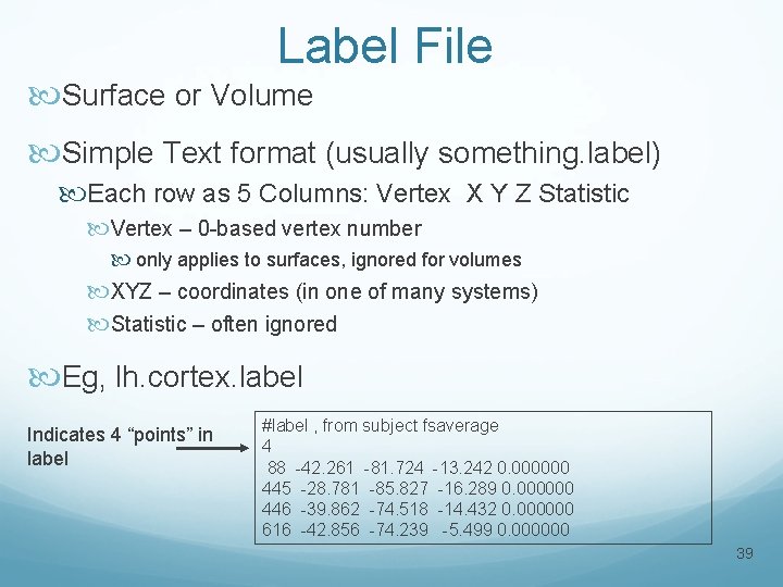 Label File Surface or Volume Simple Text format (usually something. label) Each row as