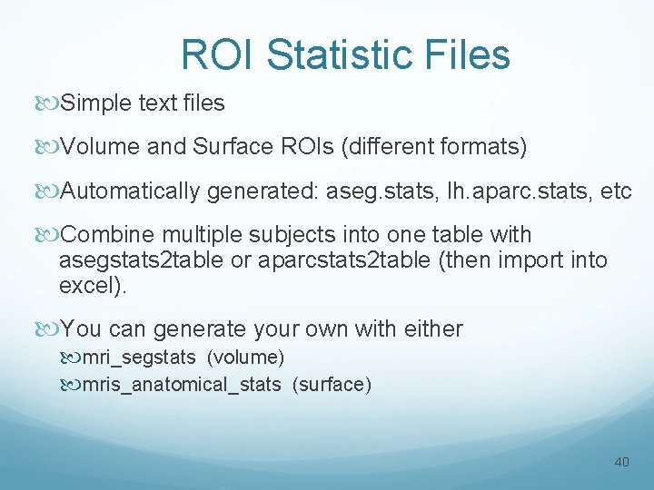 ROI Statistic Files Simple text files Volume and Surface ROIs (different formats) Automatically generated: