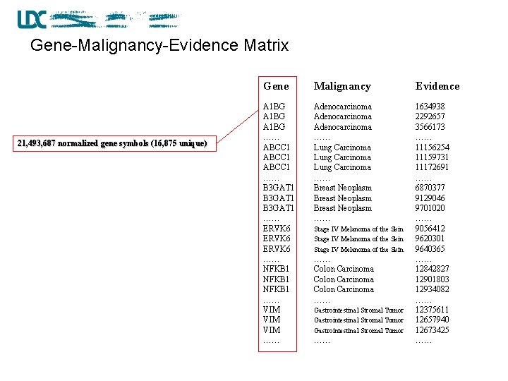 Gene-Malignancy-Evidence Matrix 21, 493, 687 normalized gene symbols (16, 875 unique) Gene Malignancy Evidence