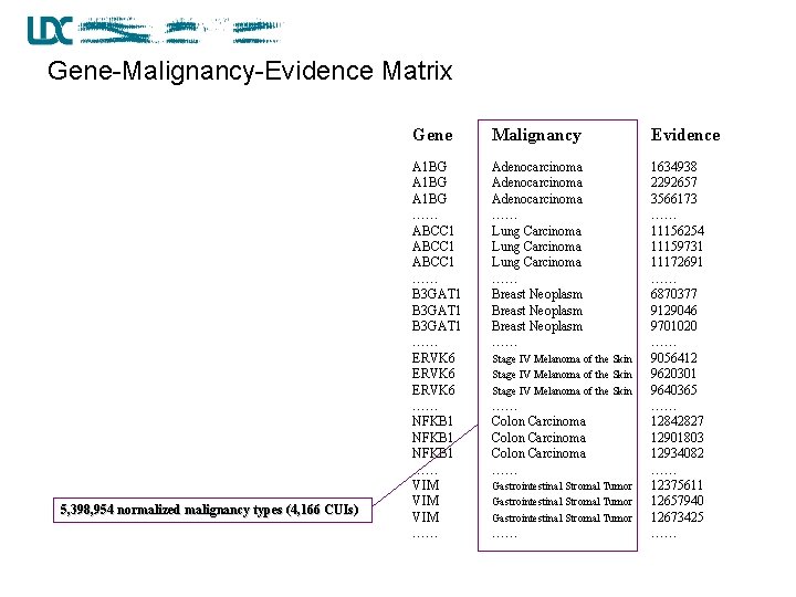 Gene-Malignancy-Evidence Matrix 5, 398, 954 normalized malignancy types (4, 166 CUIs) Gene Malignancy Evidence