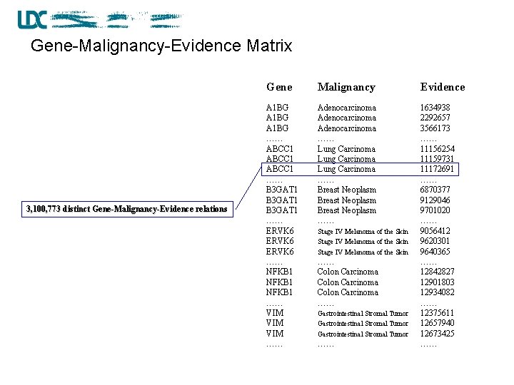 Gene-Malignancy-Evidence Matrix 3, 100, 773 distinct Gene-Malignancy-Evidence relations Gene Malignancy Evidence A 1 BG