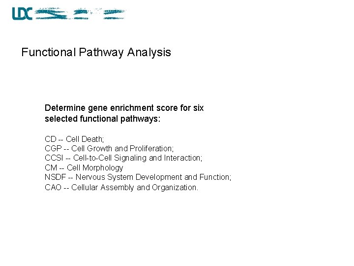 Functional Pathway Analysis Determine gene enrichment score for six selected functional pathways: CD --
