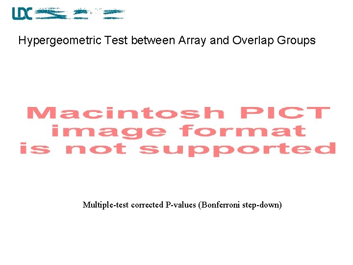 Hypergeometric Test between Array and Overlap Groups Multiple-test corrected P-values (Bonferroni step-down) 
