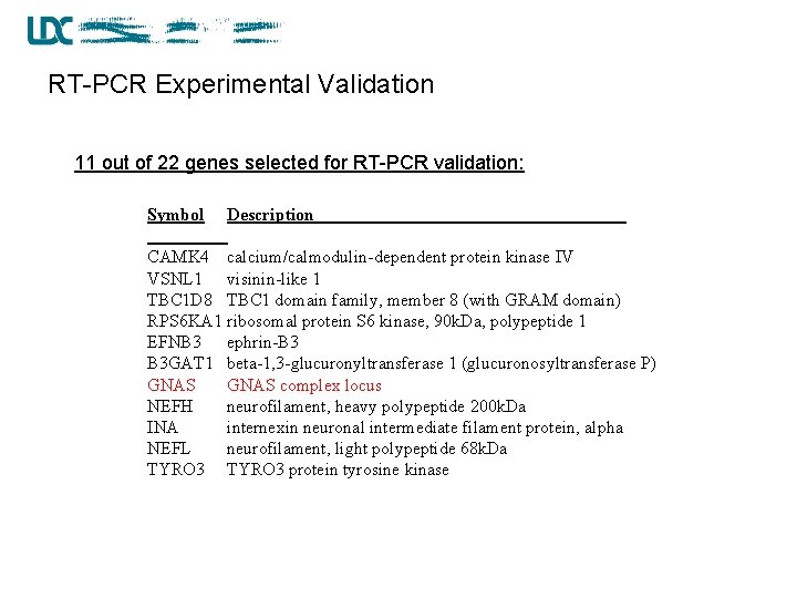 RT-PCR Experimental Validation 11 out of 22 genes selected for RT-PCR validation: Symbol Description