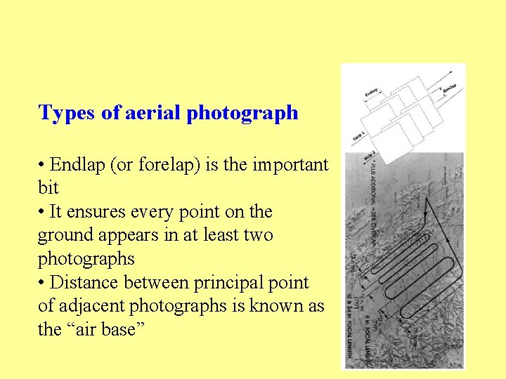 Types of aerial photograph • Endlap (or forelap) is the important bit • It