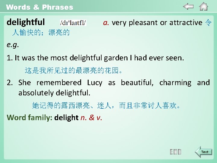 Words & Phrases delightful a. very pleasant or attractive 令 人愉快的；漂亮的 e. g. 1.