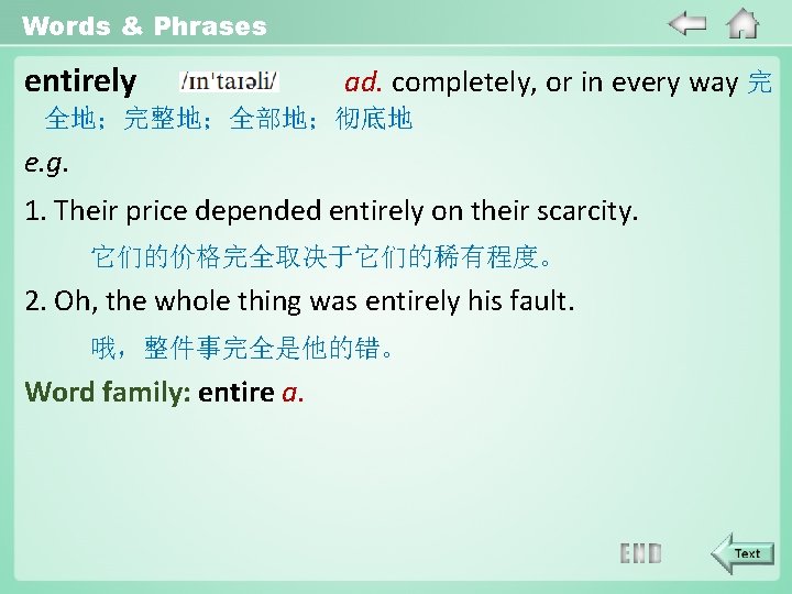 Words & Phrases entirely ad. completely, or in every way 完 全地；完整地；全部地；彻底地 e. g.