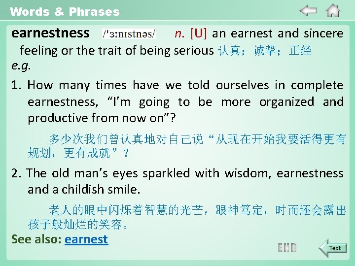 Words & Phrases earnestness n. [U] an earnest and sincere feeling or the trait