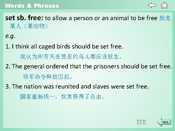 Words & Phrases set sb. free: to allow a person or an animal to