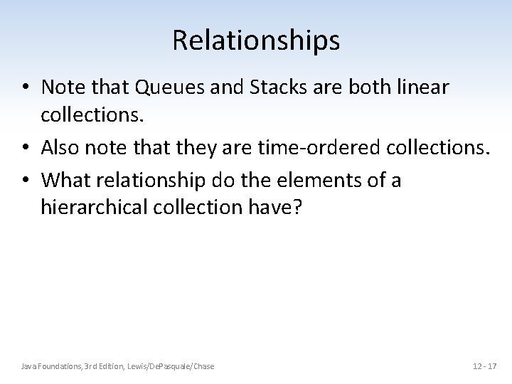 Relationships • Note that Queues and Stacks are both linear collections. • Also note