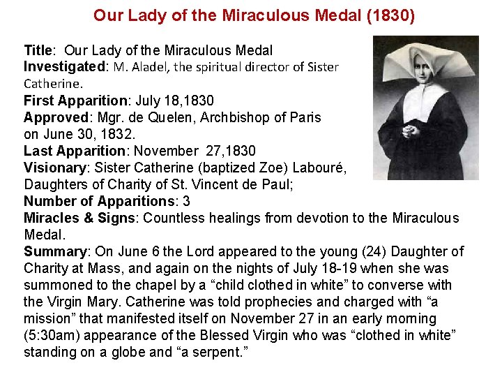  Our Lady of the Miraculous Medal (1830) Title: Our Lady of the Miraculous