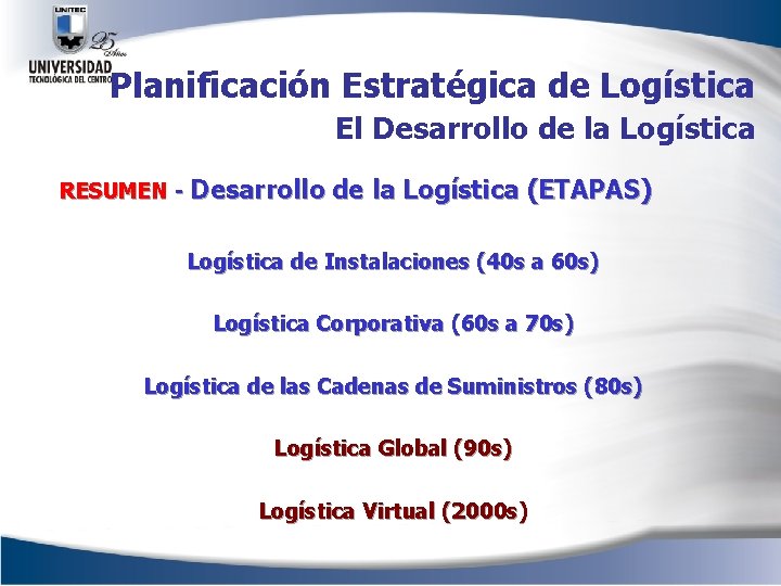 Planificación Estratégica de Logística El Desarrollo de la Logística RESUMEN - Desarrollo de la