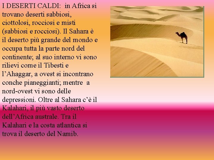 I DESERTI CALDI: in Africa si trovano deserti sabbiosi, ciottolosi, rocciosi e misti (sabbiosi