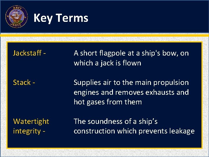 Key Terms Jackstaff - A short flagpole at a ship's bow, on which a