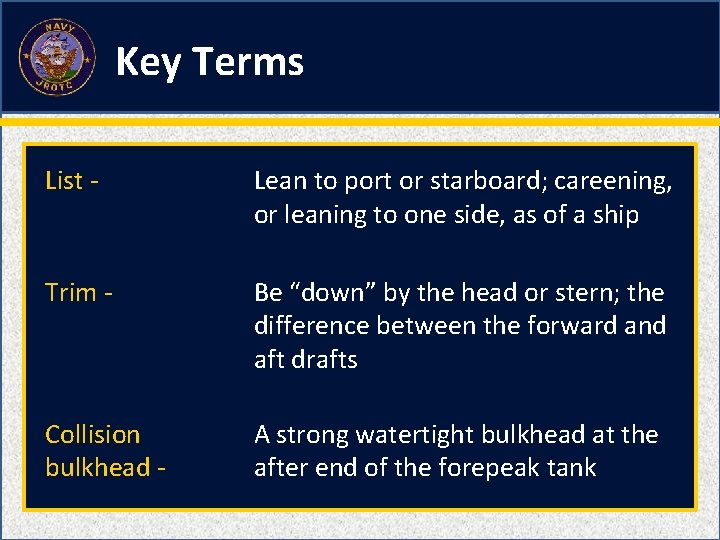 Key Terms List - Lean to port or starboard; careening, or leaning to one
