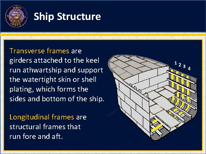 Ship Structure Transverse frames are girders attached to the keel run athwartship and support