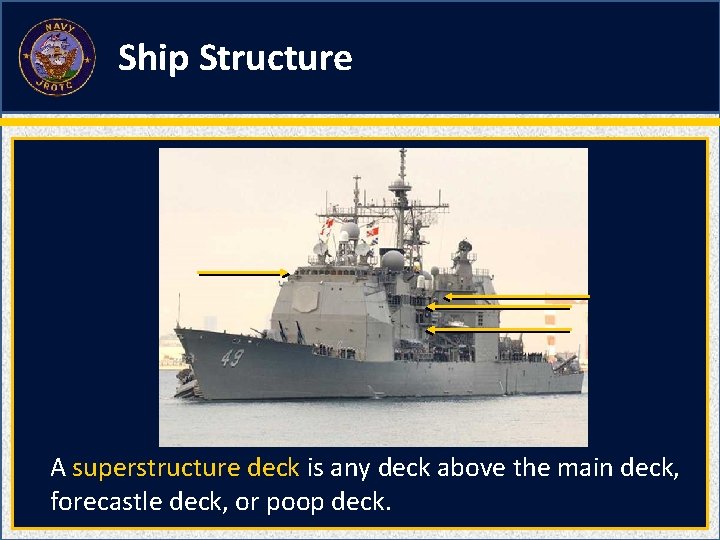 Ship Structure A superstructure deck is any deck above the main deck, forecastle deck,