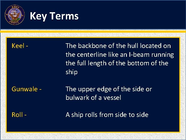 Key Terms Keel - The backbone of the hull located on the centerline like