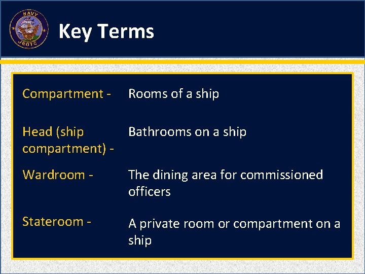 Key Terms Compartment - Rooms of a ship Head (ship compartment) - Bathrooms on