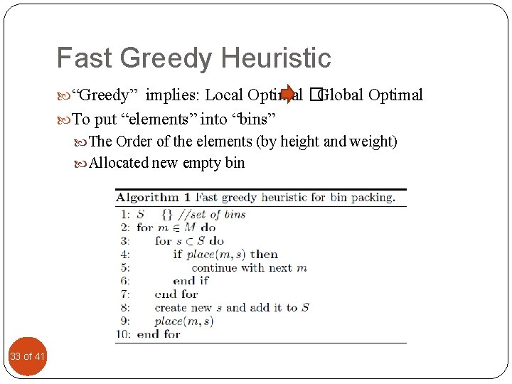 Fast Greedy Heuristic “Greedy” implies: Local Optimal � Global Optimal To put “elements” into